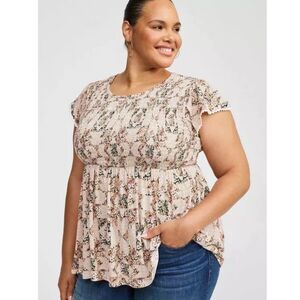 Torrid Women's Size 3 3XL Babydoll Cotton Crew Neck Smocked Bodice Top Floral
